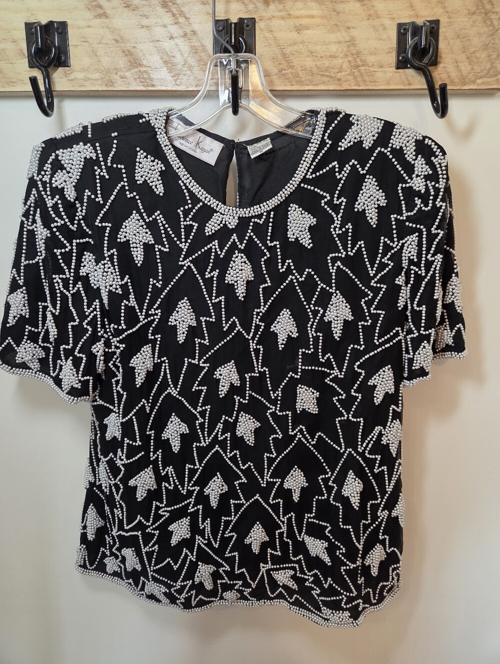 Womens Black White Beaded Top Size M Laurence Kazar Vintage 80s 90s Evening Wear